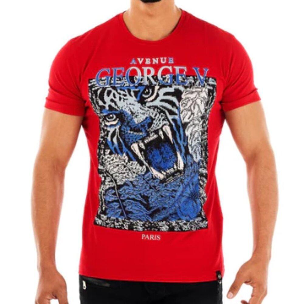 Avenue George V Paris T-shirt Men's Short Sleeve Red Rhinestone Lion NWT
